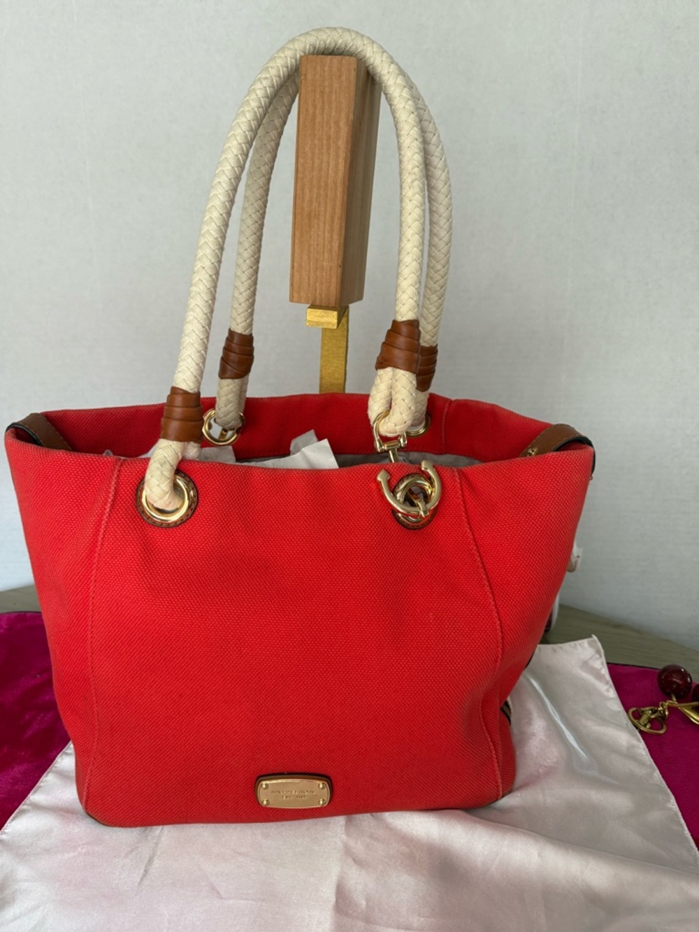 Michael Kors Red Canvas Tote with Cream Rope Handles
